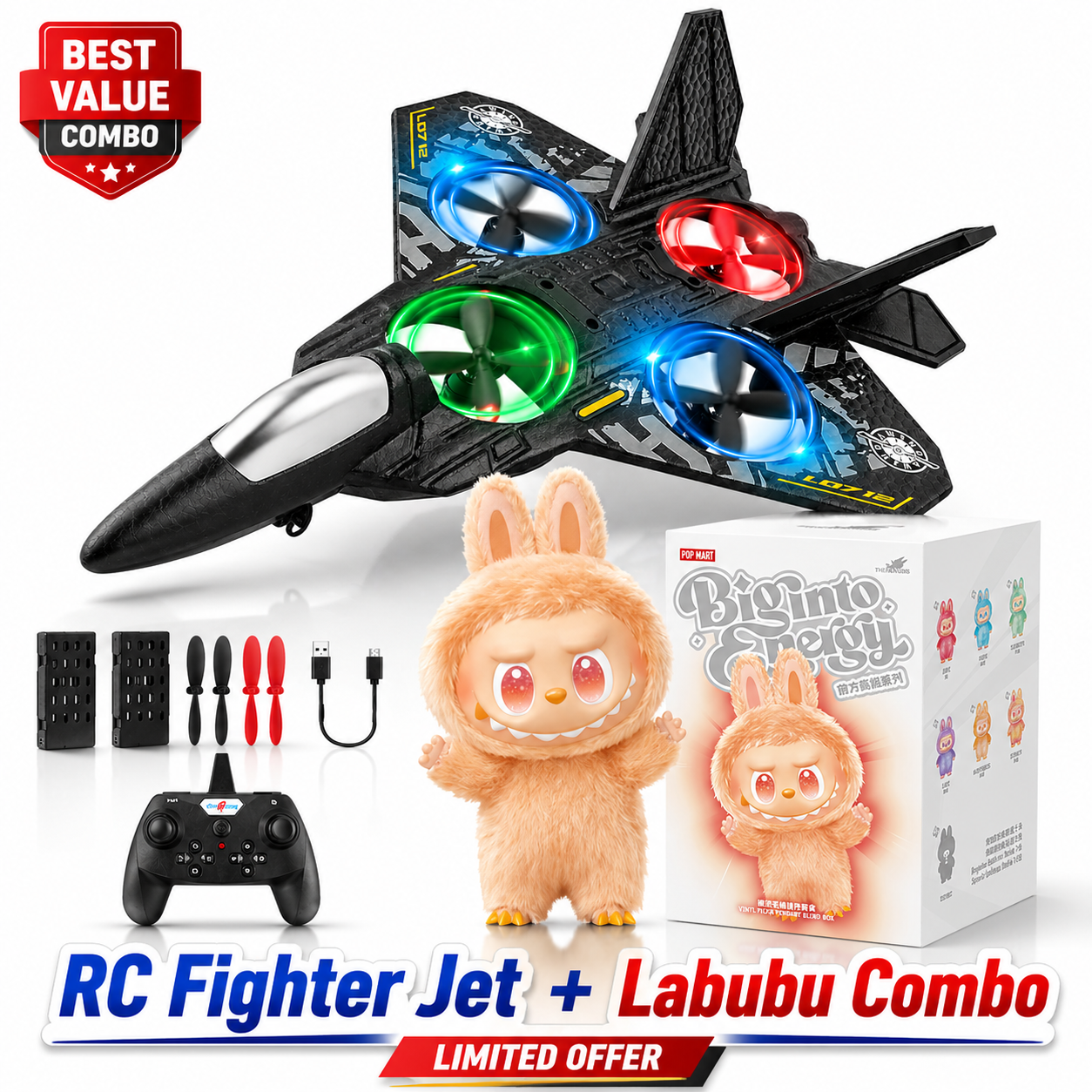 RC Fighter Jet Toy + Labubu Collectible Combo