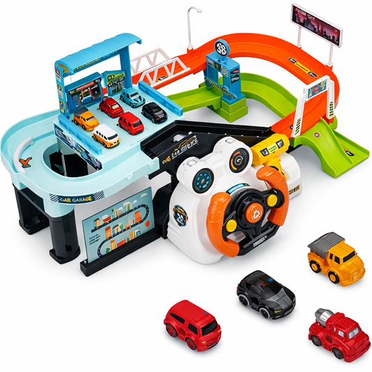 Kids Urban Rail Transit Car Race Track Adventure Parking Building Playset with Music Interactive Car Track